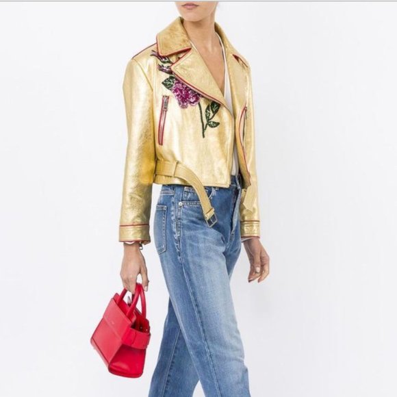 $7990 New Gucci Leather and Sequin Belt Runway Moto “LOVED” Jacket. - Picture 5 of 14